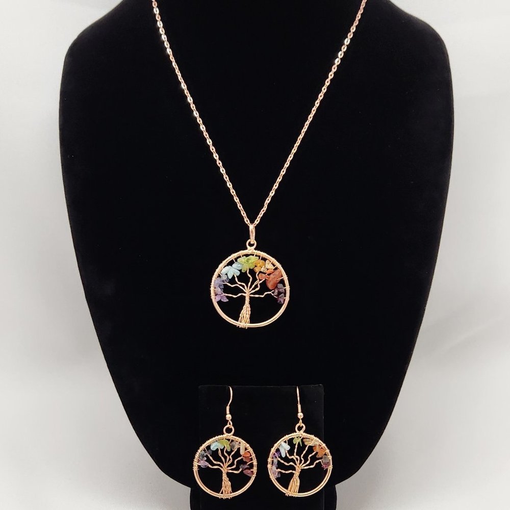 Tree Of Life Genuine Gemstones Pendant Necklace And Earrings #612 NWOT - Picture 2 of 11